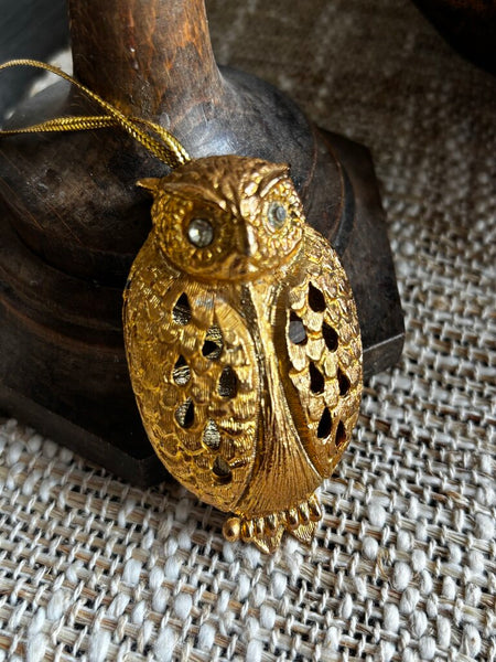 Vintage Gold Owl Sachet Necklace Pendant w/Rhinestone Eyes