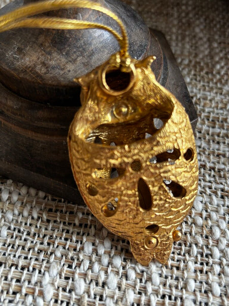 Vintage Gold Owl Sachet Necklace Pendant w/Rhinestone Eyes