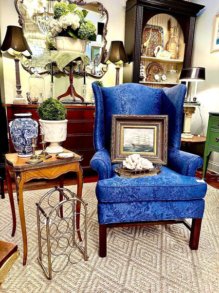 Blue Damask Wingback Chair