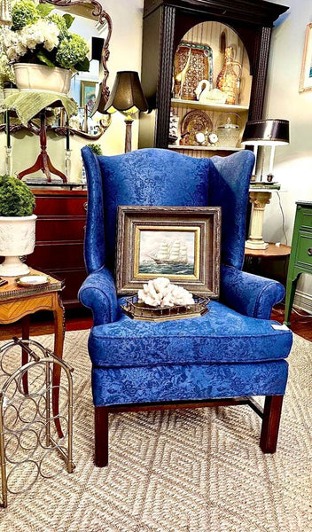 Blue Damask Wingback Chair