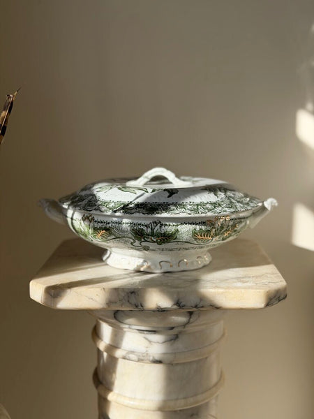 1335 Green Transferware Dish w/ Lid