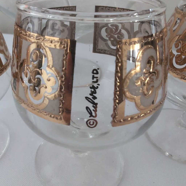 Lovely Vintage Culver Toledo Pattern 22k Gold trimmed Brandy Snifter Set - with 5 Glasses and Glass Stirer