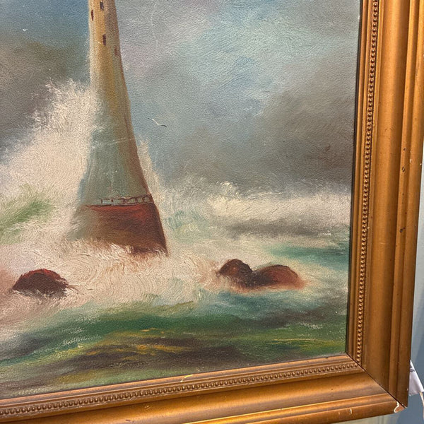 Vintage Stormy Lighthouse Framed Oil Painting 15" x 21"