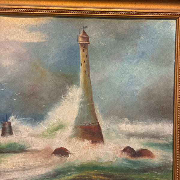 Vintage Stormy Lighthouse Framed Oil Painting 15" x 21"