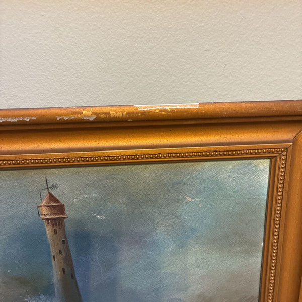 Vintage Stormy Lighthouse Framed Oil Painting 15" x 21"