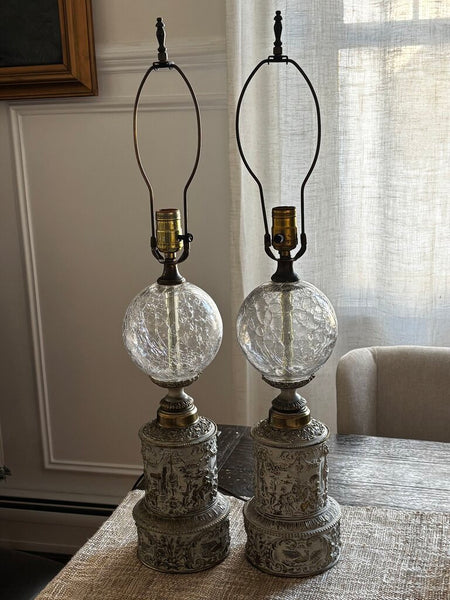 Pair of Vintage Brass Table Lamps w/ Crackle Glass Spheres