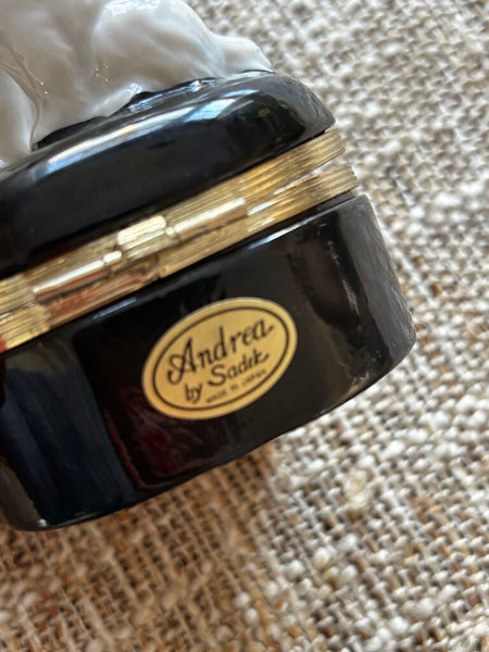 Vintage Andrea by Sadek Hand Painted Spaniel Black White Dog Hinged Trinket Box