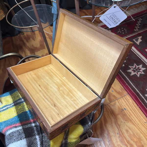 Carved Lidded Wooden Box with Red 7.5" x 11" W1899
