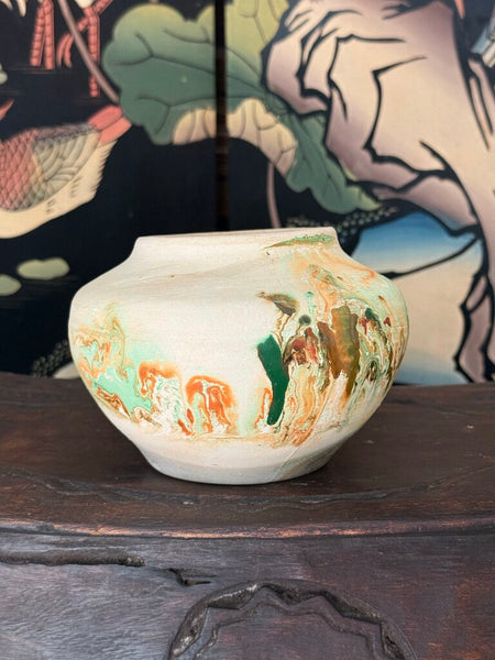 B- Nemadji green orange glaze 6.5 wide 4.5 tall