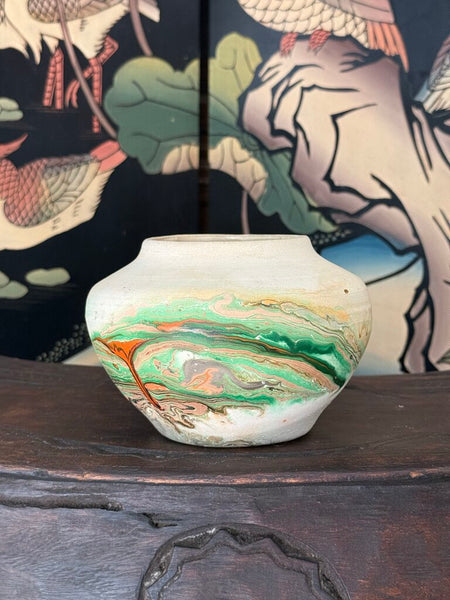 B- Nemadji green orange glaze 6.5 wide 4.5 tall