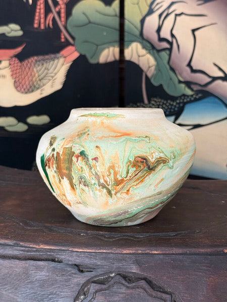 B- Nemadji green orange glaze 6.5 wide 4.5 tall
