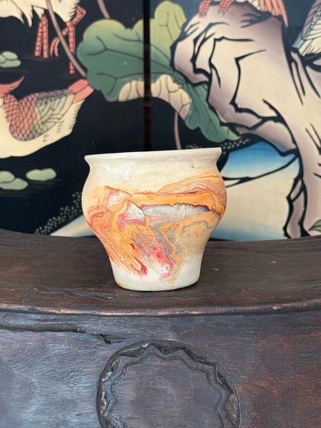 H- Nemadji 4 tall x 5 wide orange red gray glaze