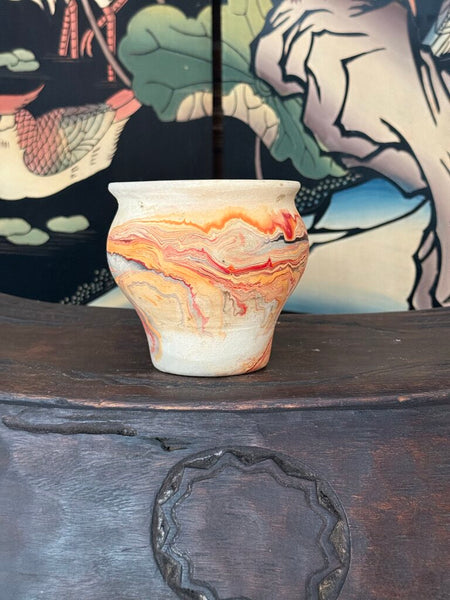 H- Nemadji 4 tall x 5 wide orange red gray glaze