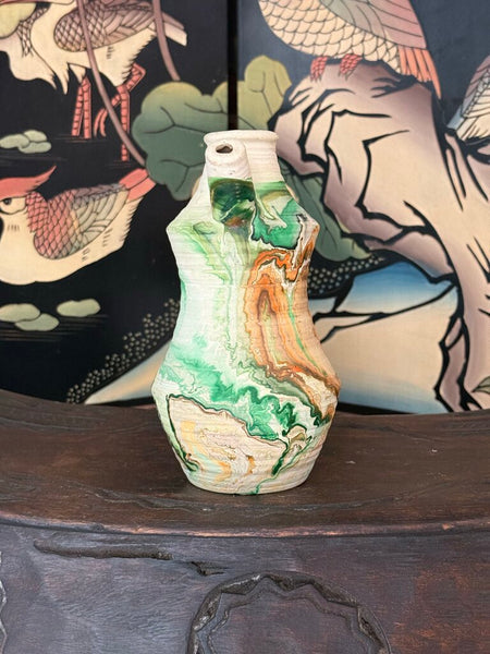 K- Nemadji ribbed jug orange and green glaze with handle 8 tall x 6.5 wide