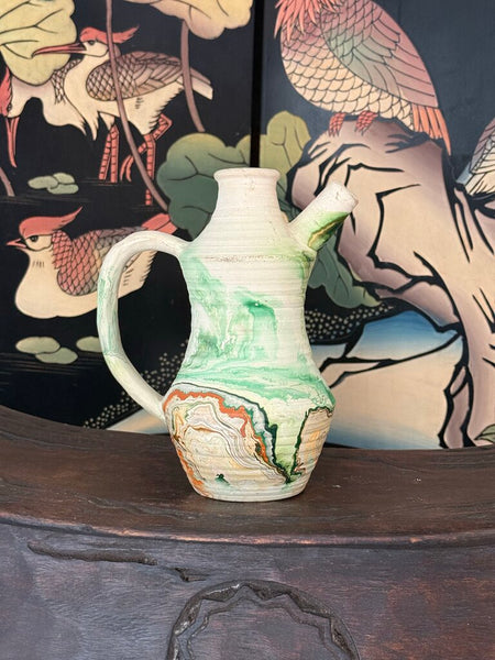 K- Nemadji ribbed jug orange and green glaze with handle 8 tall x 6.5 wide