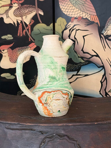 K- Nemadji ribbed jug orange and green glaze with handle 8 tall x 6.5 wide