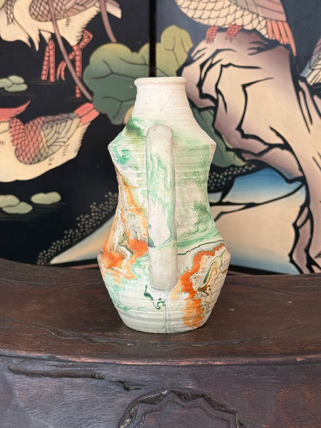 K- Nemadji ribbed jug orange and green glaze with handle 8 tall x 6.5 wide