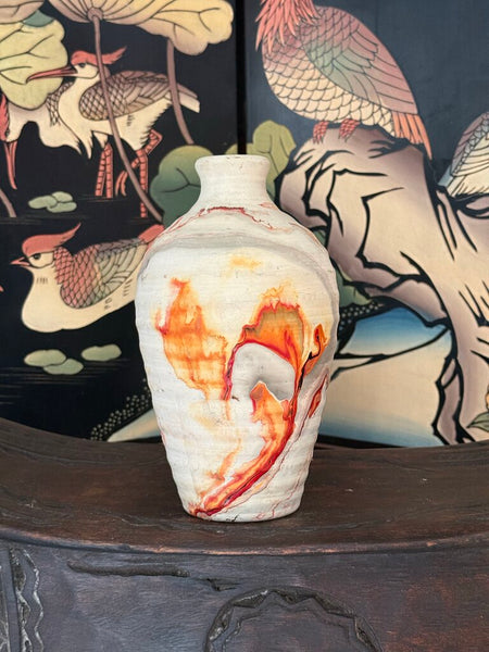 L- Nemadji tall ribbed vase orange red gray glaze 9 tall x 5 wide