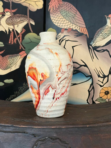 L- Nemadji tall ribbed vase orange red gray glaze 9 tall x 5 wide