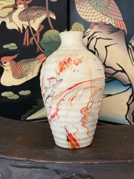 L- Nemadji tall ribbed vase orange red gray glaze 9 tall x 5 wide
