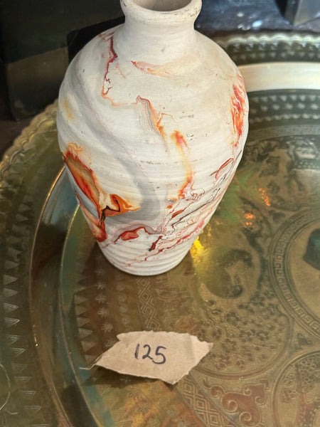 L- Nemadji tall ribbed vase orange red gray glaze 9 tall x 5 wide