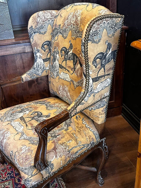 French Style Inspired Armchair Upholstered In Equestrian Fabric FIRM