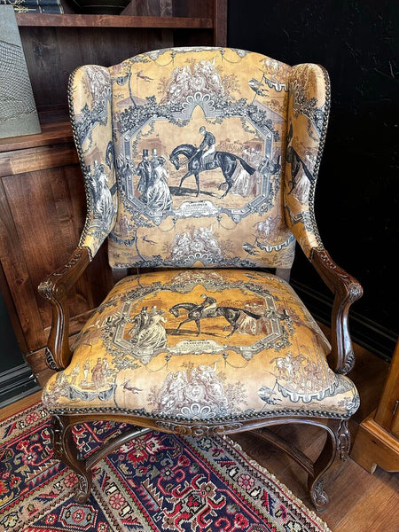 French Style Inspired Armchair Upholstered In Equestrian Fabric FIRM