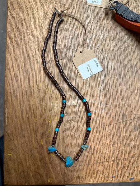 Vintage Native American Heishi, Turquoise & Silver Plated Beaded Necklace