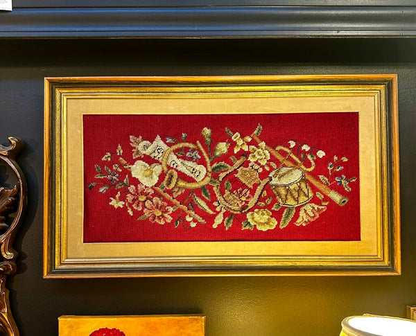 FRAMED MUSICAL NEEDLPOINT 29" X 16 1/2". STORE PICK UP (SWOON)