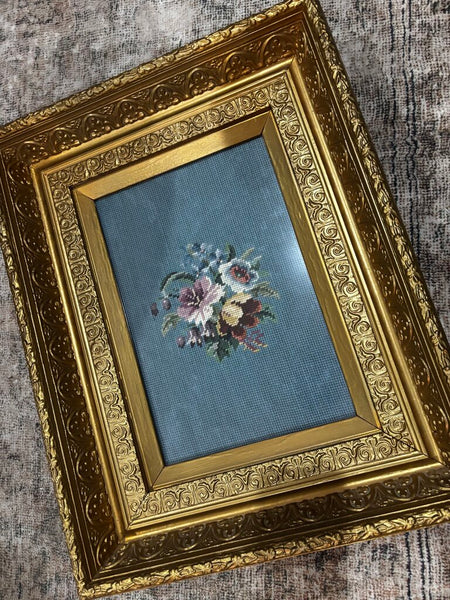 Antique Framed Needlpoint of Roses w/Blue Background 22x17