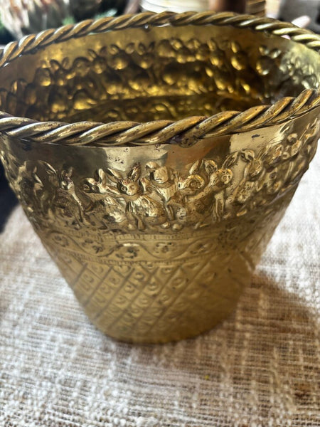 Vintage Brass Planter with Embossed Rabbits