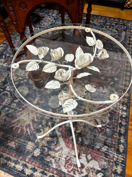 Mid Century Rose Wrought Iron Glass Top Side Table 27.5H x 16R (in store PU)