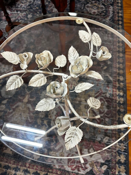 Mid Century Rose Wrought Iron Glass Top Side Table 27.5H x 16R (in store PU)