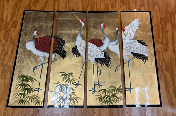 Set of 4 Gold Asian Crane Panels 36" x 12" each W0225