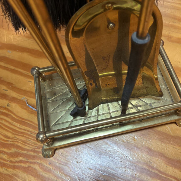 Vintage 5 Piece Brass Hollywood Regency Fireplace Tool Set w/ Stand