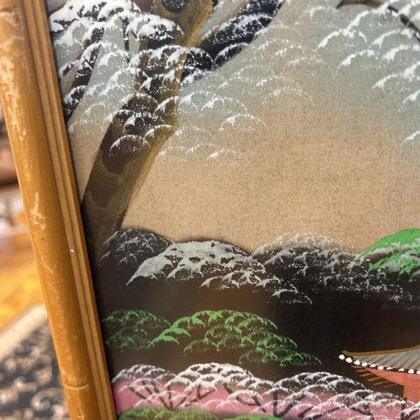 set of 2 framed MCM (circus 1940s-1950s) handpainted Asian Japanese scene on linen