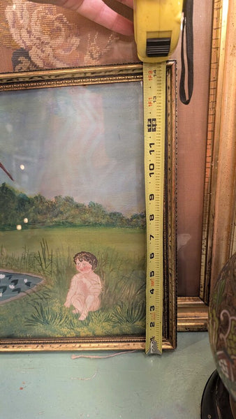 Antique Victorian painting with stork with real feathers folk art