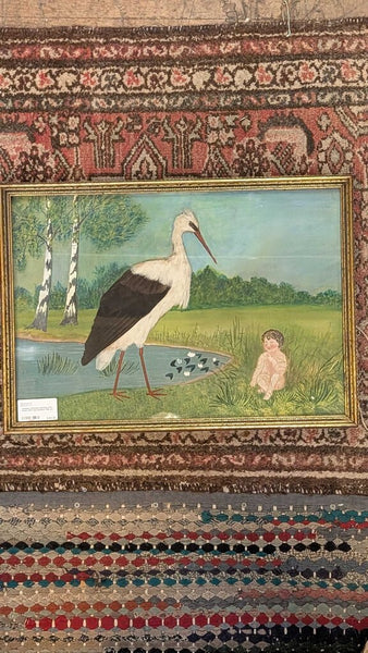 Antique Victorian painting with stork with real feathers folk art