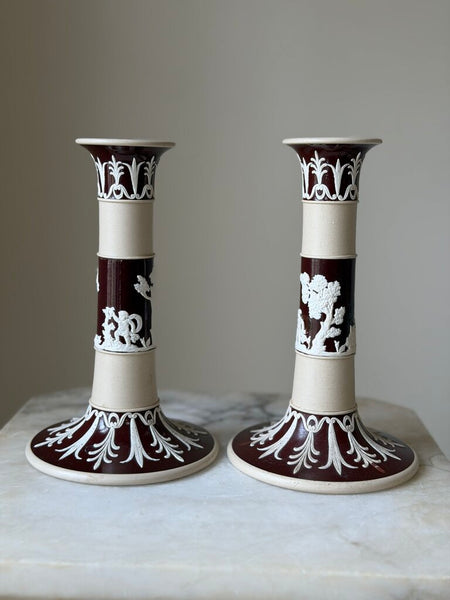 1404 Antique Copeland Jasperware Candleholders (as-is)