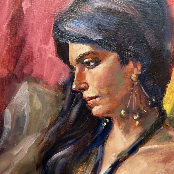 OIL PAINTING OF DARK HAIRED WOMAN 18" x 24" found in artist Mort Luby's Art studio