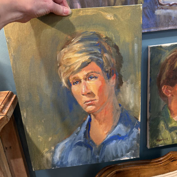 OIL PAINTING YOUNG MAN IN BLUE SHIRT FOUND IN MORT LUBY'S ART STUDIO 12" x 16"