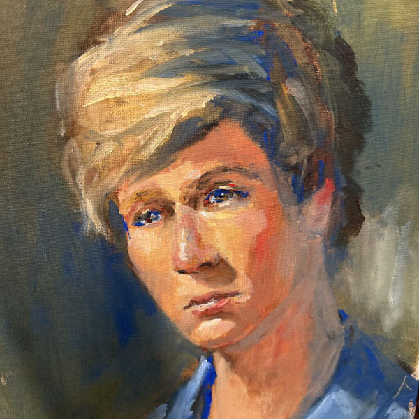 OIL PAINTING YOUNG MAN IN BLUE SHIRT FOUND IN MORT LUBY'S ART STUDIO 12" x 16"
