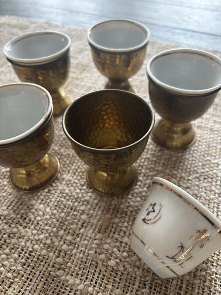 Set of 5 Vintage Turkish Coffee Cups/ Egg Holders Etched Brass w/Ceramic Inserts & Tray