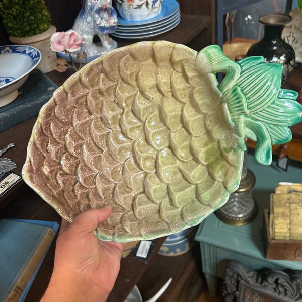 Vintage Made in Spain Majolica Pineapple Footed Ceramic Bowl (as found)