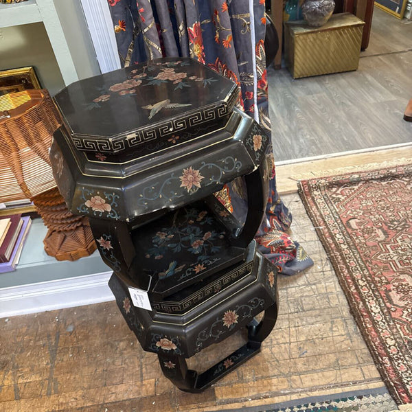 Mid century vintage chinese lacquered floral hex stools tables pair