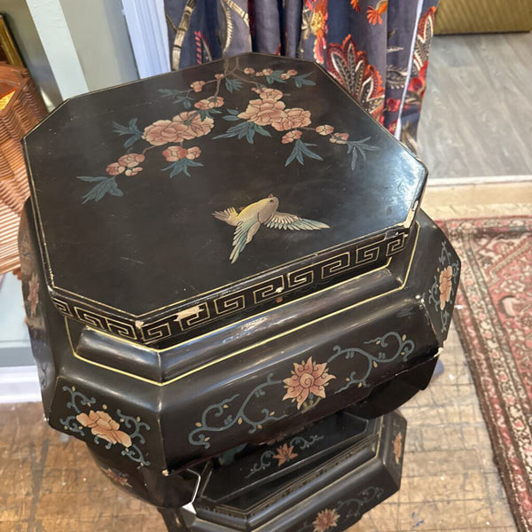 Mid century vintage chinese lacquered floral hex stools tables pair