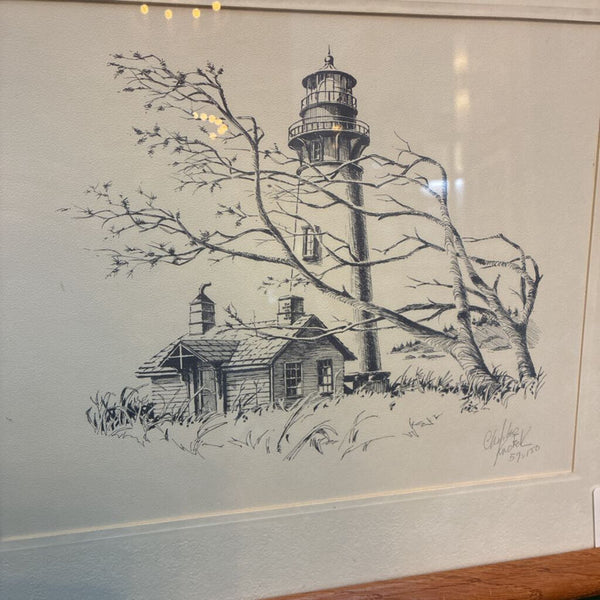 Vintage Signed Lighthouse Etching Artwork 12" x 15"