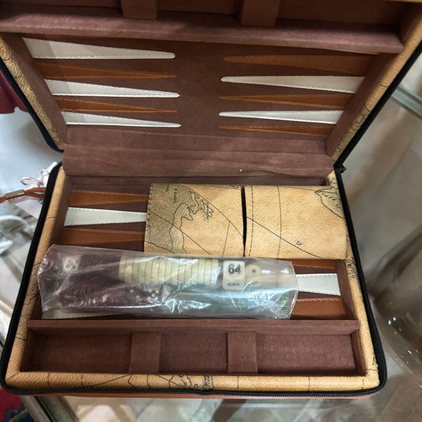 Tan Map DesinMagnetic Backgammon Set, Leatherette, Travel Size