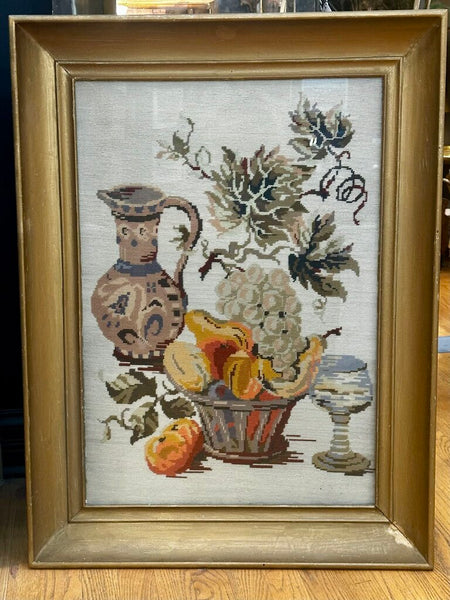 FRAMED VINTAGE NEEDLEPOINT 25 1/2" x 34" , GOLD FRAME. STORE PICK, UP