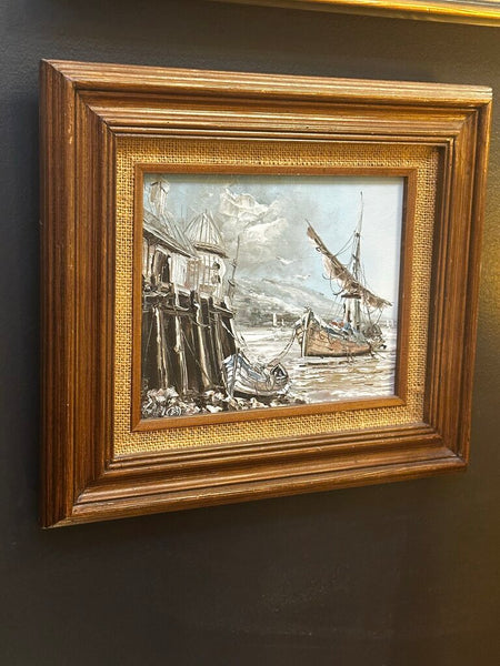 FRAMED VINTAGE HARBORSCAPE, OIL ON BOARD. SIGNED 15 1/4" x 13 1:4